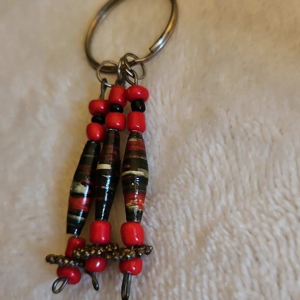 3/$30 Red African Paper Beaded Keychain